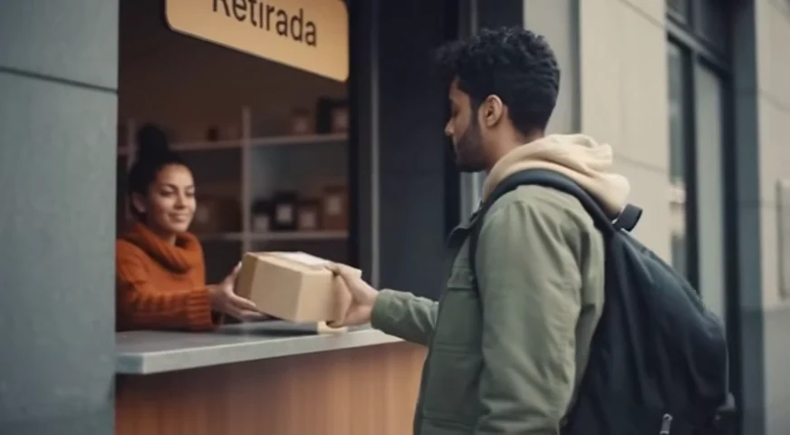 No balcão de retirada de um comércio, a atendente entrega uma caixa a um rapaz de mochila.