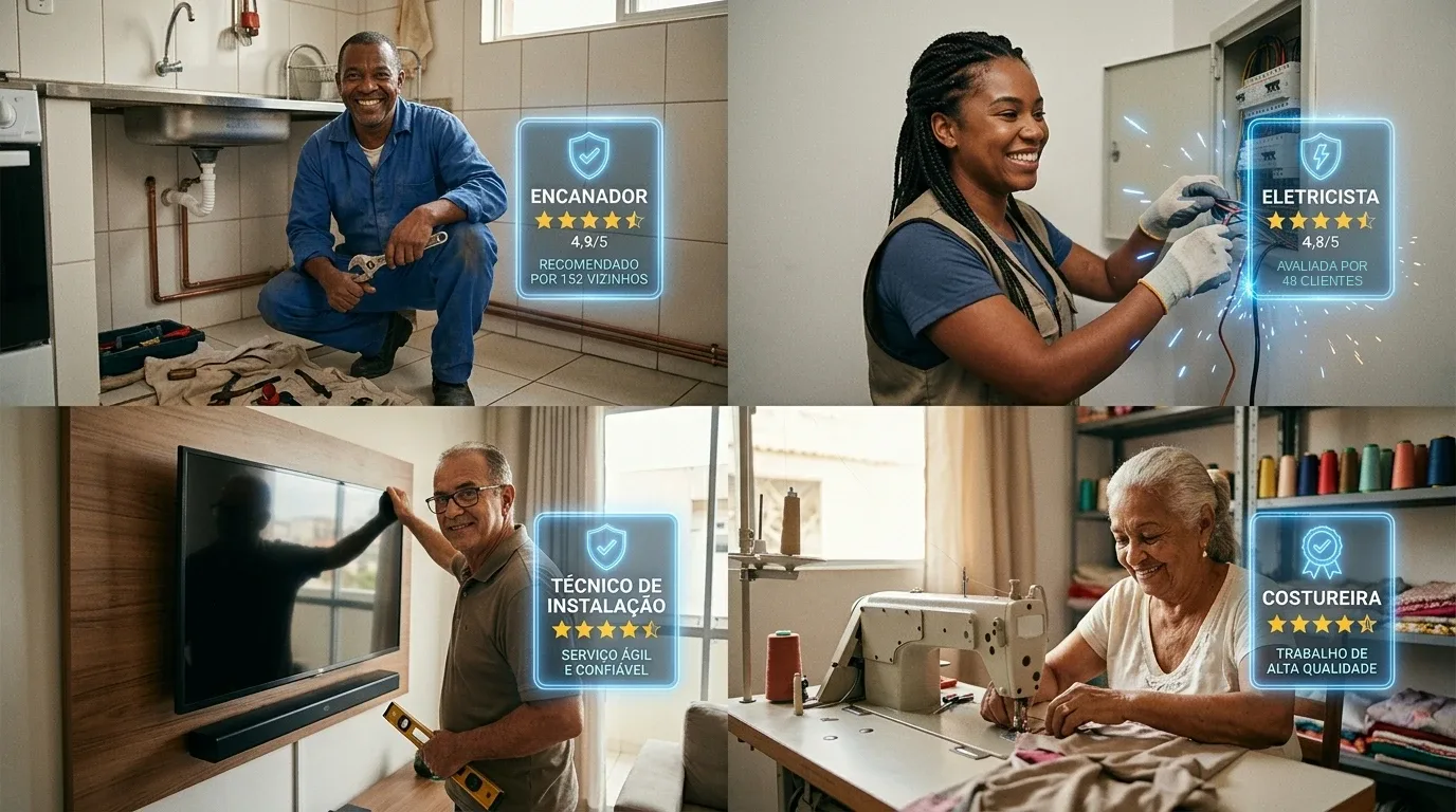 Quatro prestadores do bairro no trabalho — encanador, eletricista, técnico de instalação e costureira —, cada um com o selo da nota: estrelas, média e quem avaliou.