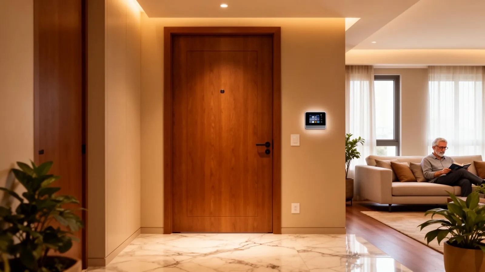 Hall de entrada de um apartamento, com a porta fechada e um pequeno painel na parede; na sala ao lado, um senhor lê no sofá.