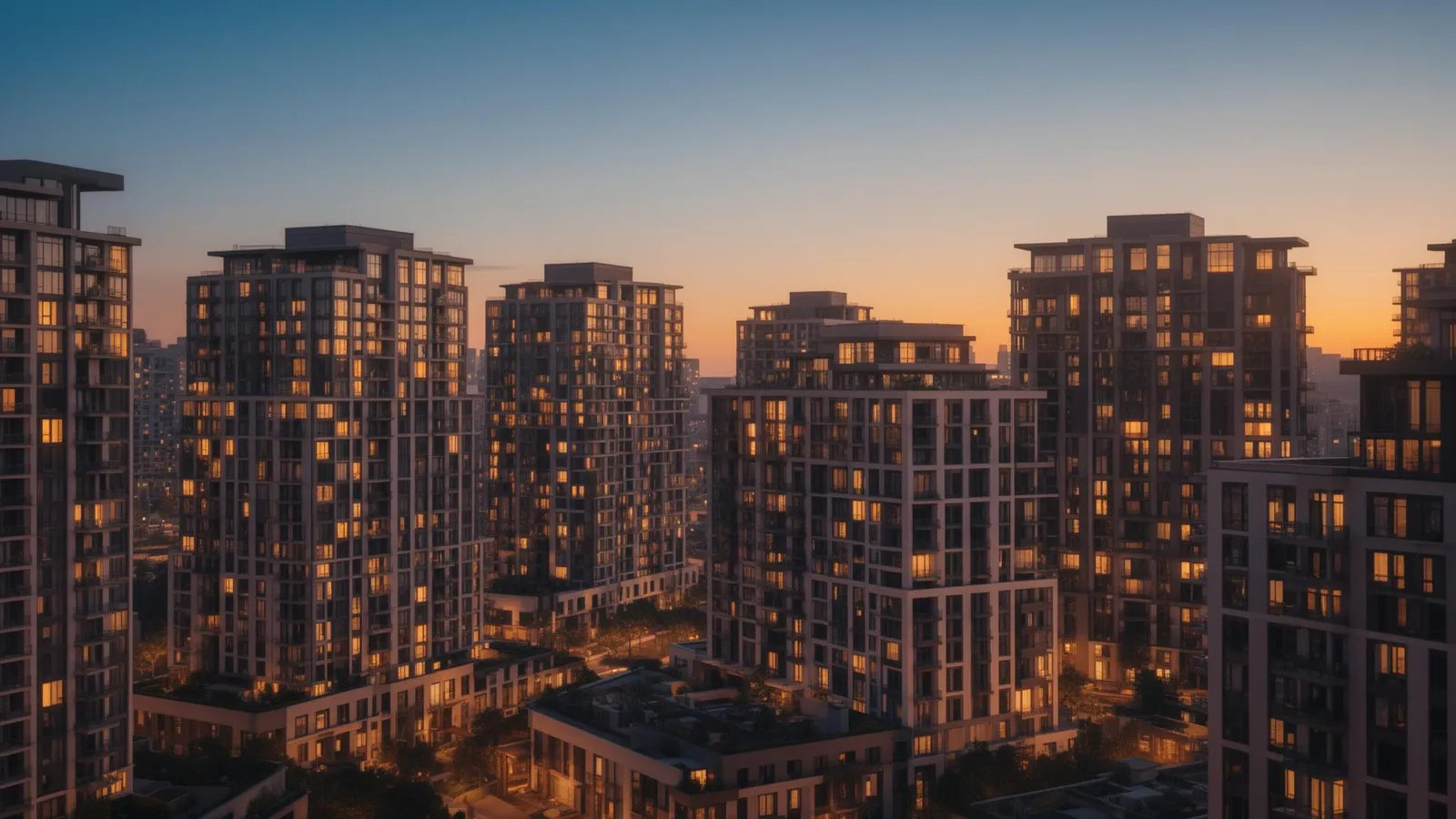 Torres de apartamentos ao entardecer, com as janelas acesas.