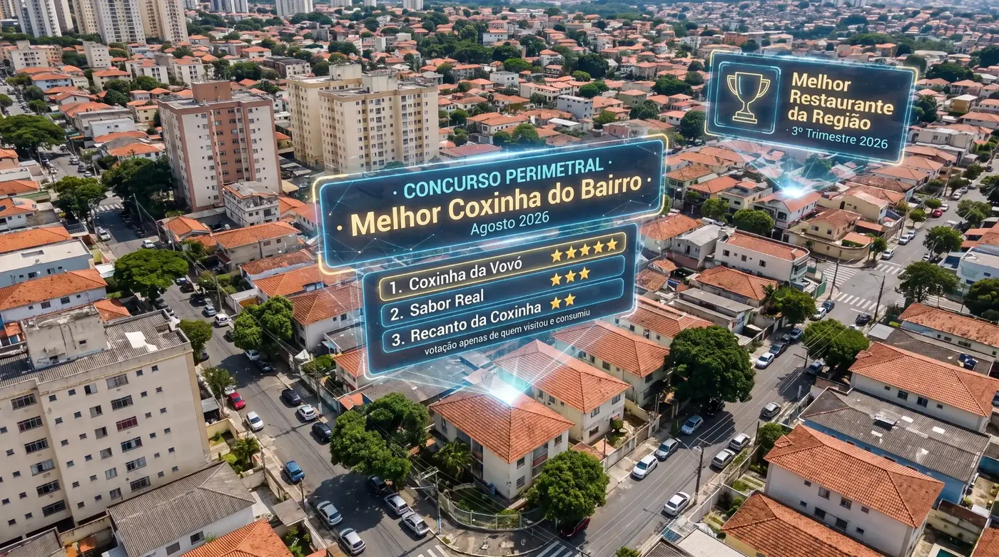 Ilustração: vista aérea de um bairro de casas e prédios com um painel luminoso do concurso «Melhor Coxinha do Bairro», três lugares classificados por estrelas e a nota «votação apenas de quem visitou e consumiu»; ao lado, o painel «Melhor Restaurante da Região», com um troféu.