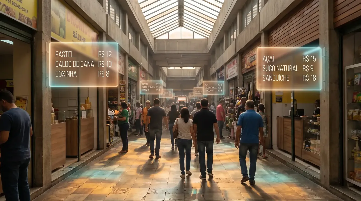 Ilustração: o corredor de um mercado de rua com pessoas caminhando e, no ar, painéis luminosos com o cardápio e o preço de cada balcão: pastel R$ 12, caldo de cana R$ 10, coxinha R$ 8, açaí R$ 15, suco natural R$ 9 e sanduíche R$ 18.