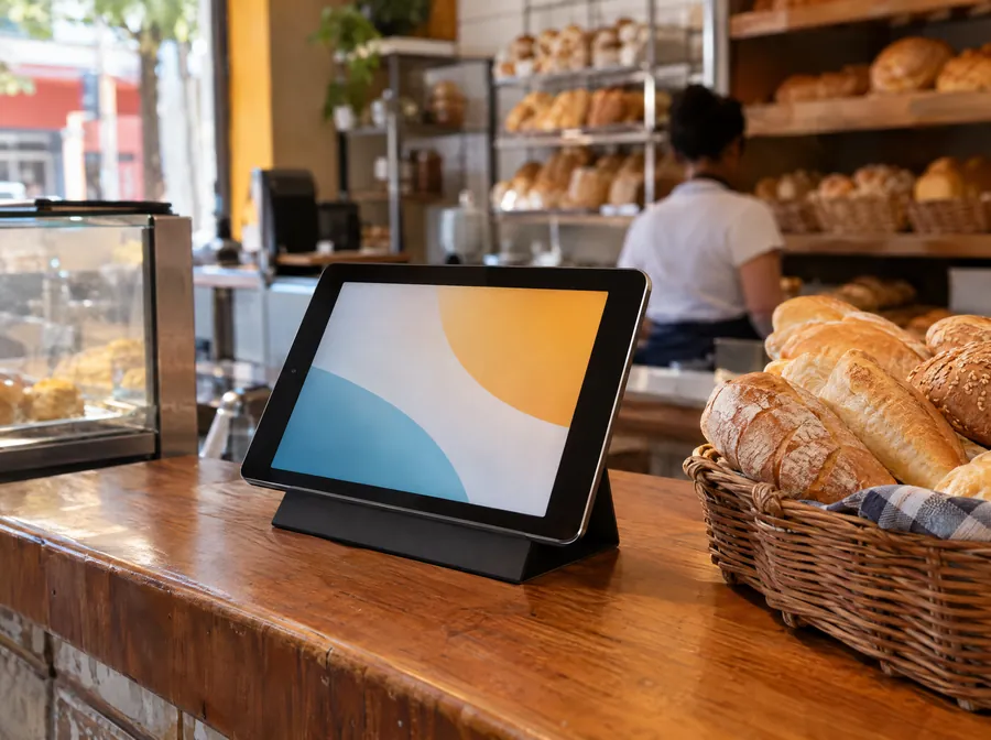 Um tablet comum no balcão de madeira de uma padaria, ao lado de um cesto de pães