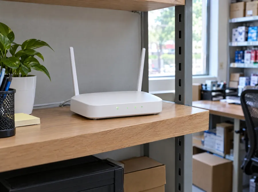 Um roteador Wi-Fi branco com duas antenas, sobre a prateleira do escritório de uma loja
