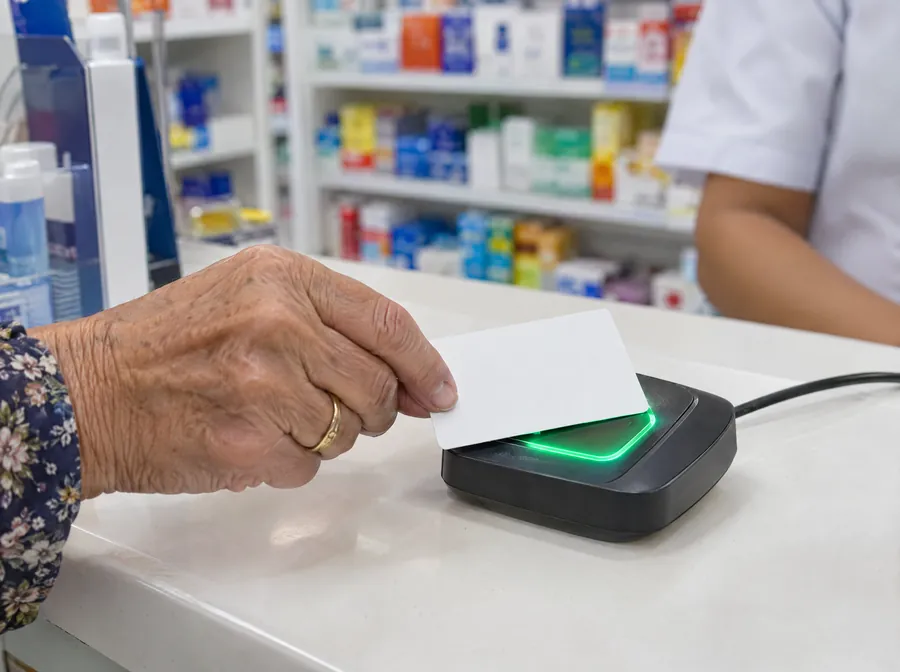 A mão de uma senhora encosta um cartão branco num leitor que acende verde, no balcão de uma farmácia