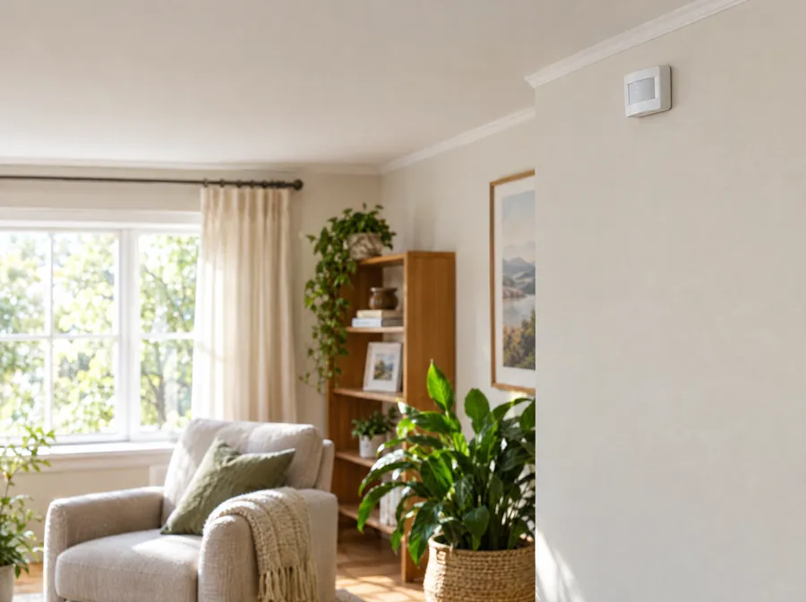 Um pequeno sensor de movimento branco, sem câmera, preso no alto da parede de uma sala clara