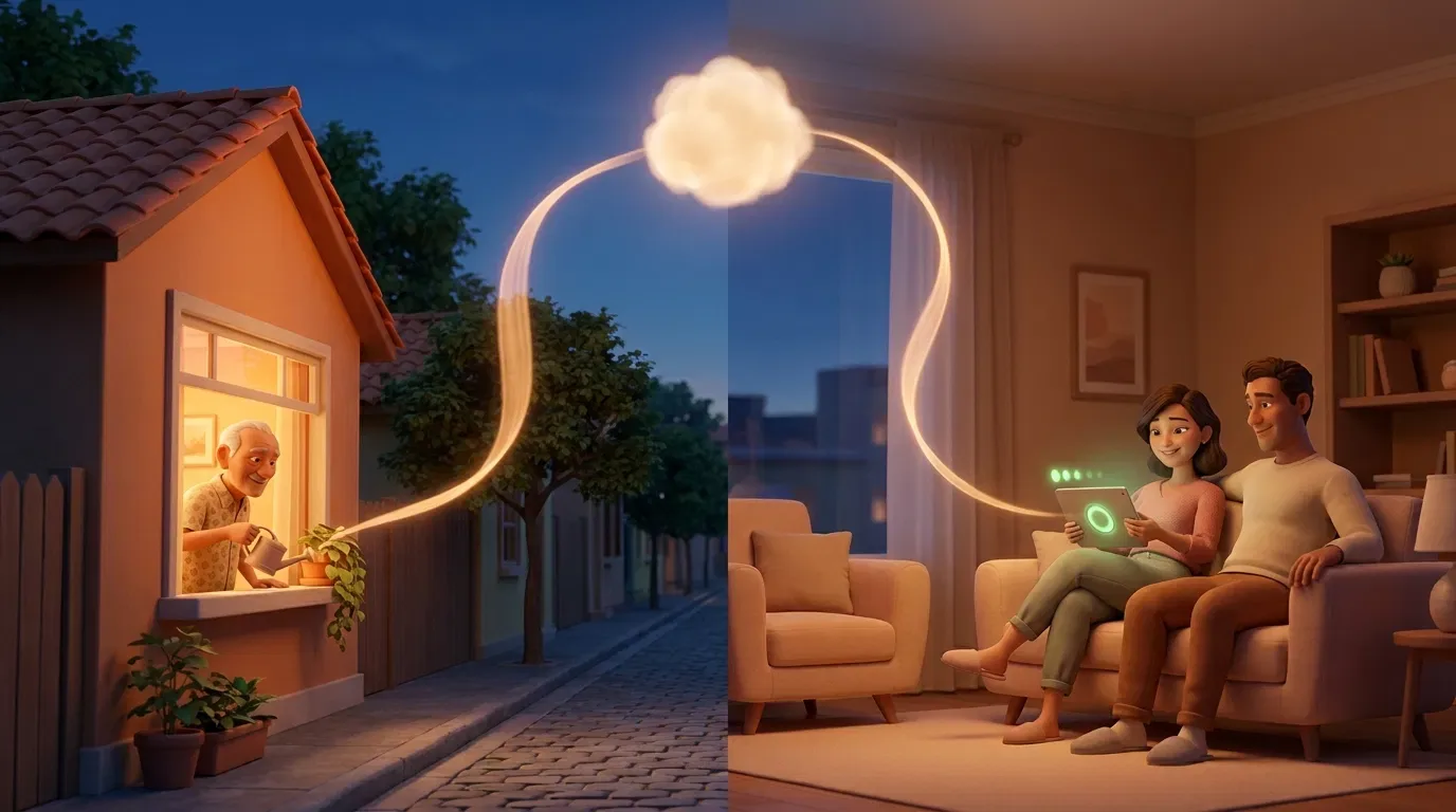 À esquerda, um senhor rega as plantas na janela de casa; um fio de luz sobe até uma nuvem e desce até a sala da filha e do genro, em outra casa, que veem no tablet um sinal verde de que está tudo bem.