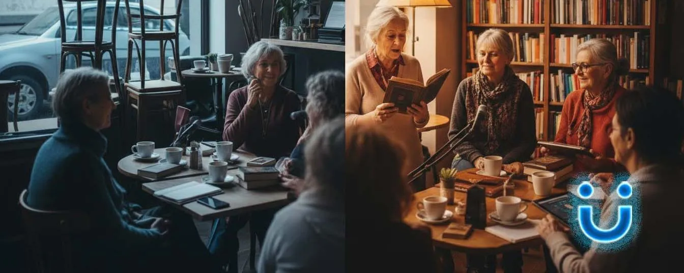 Roda de leitura num café-livraria: senhoras leem em voz alta em volta das mesas