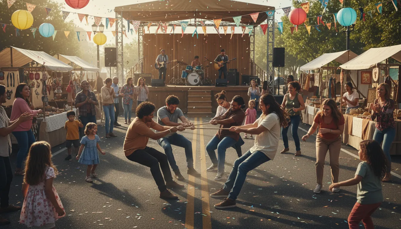 Cabo de guerra numa festa de rua, com banda no palco e barracas