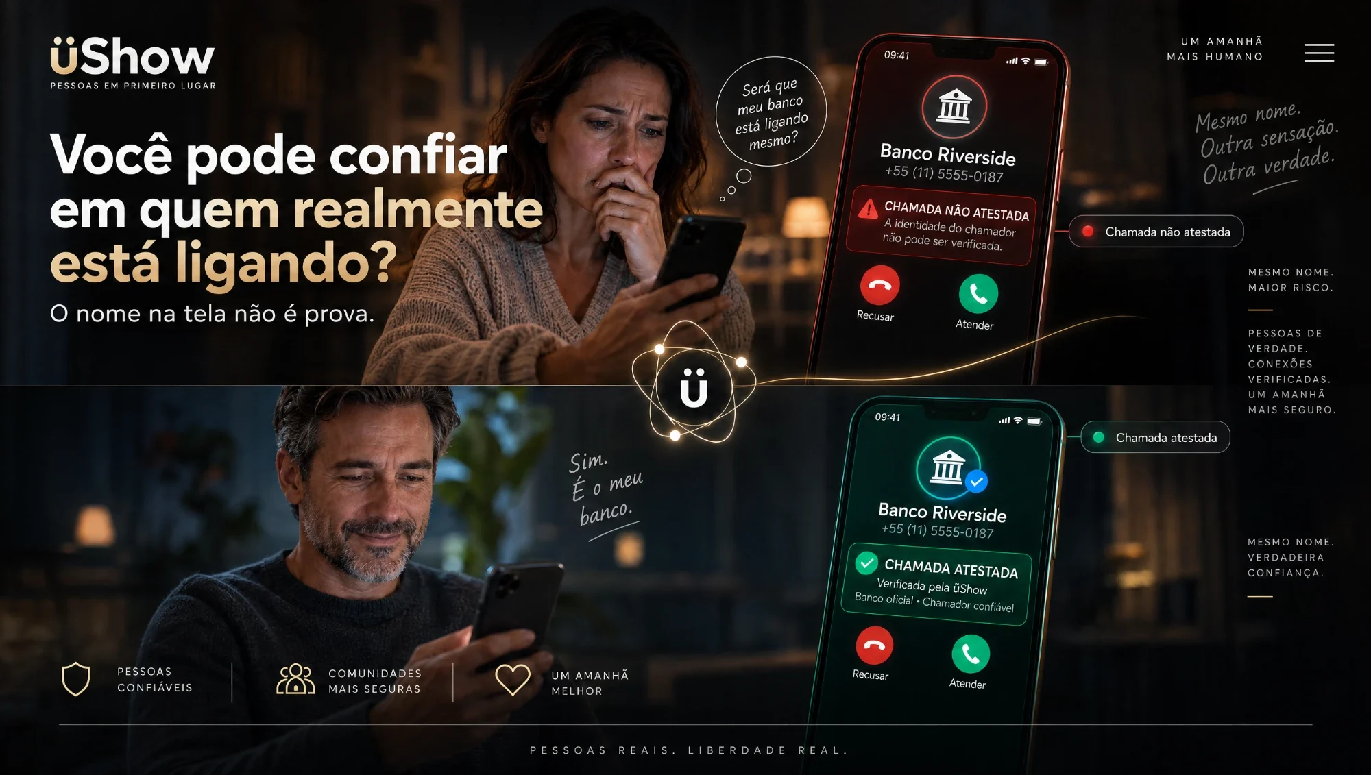 A mesma ligação em dois telefones: chamada não atestada, em vermelho, e chamada atestada, em verde.