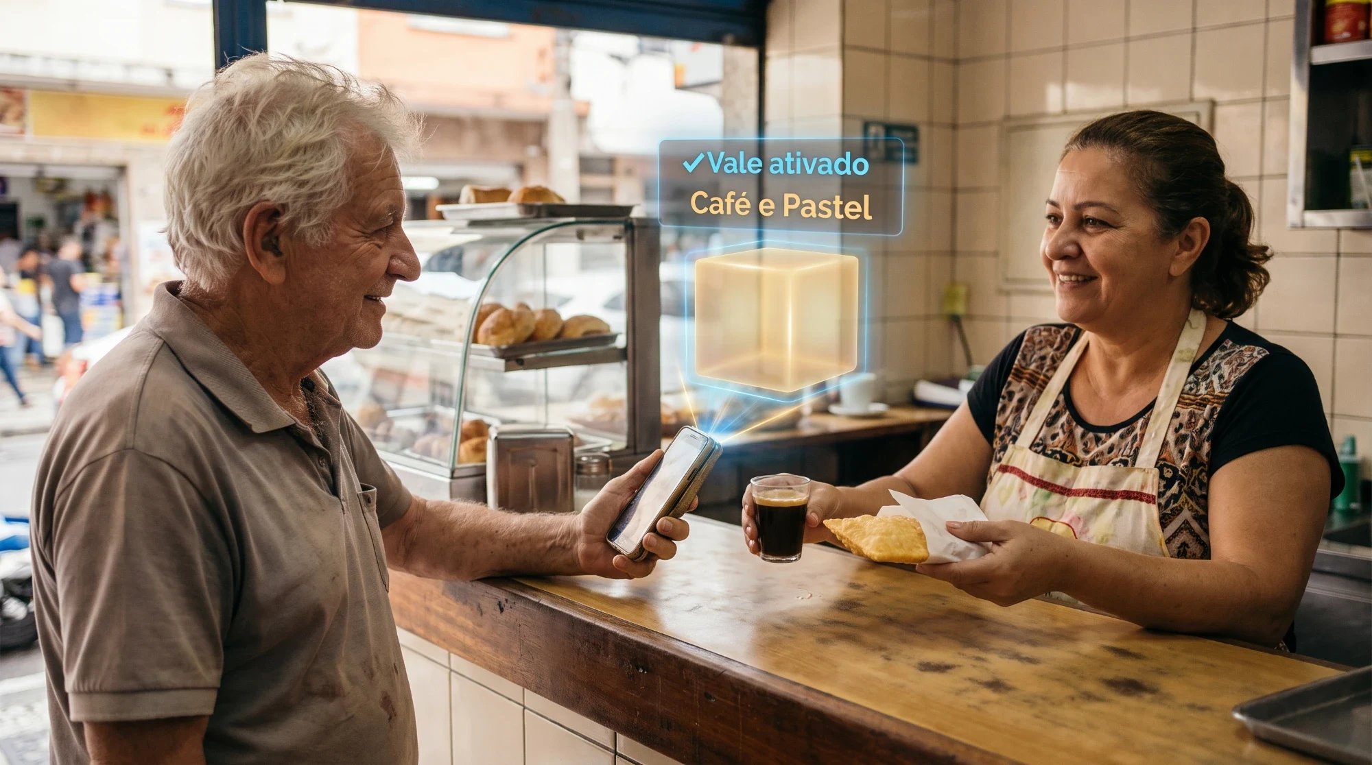 Num balcão de lanchonete, um senhor e a atendente sorriem: sobre o balcão acende «Vale ativado · Café e Pastel», e ela entrega o café e o pastel.