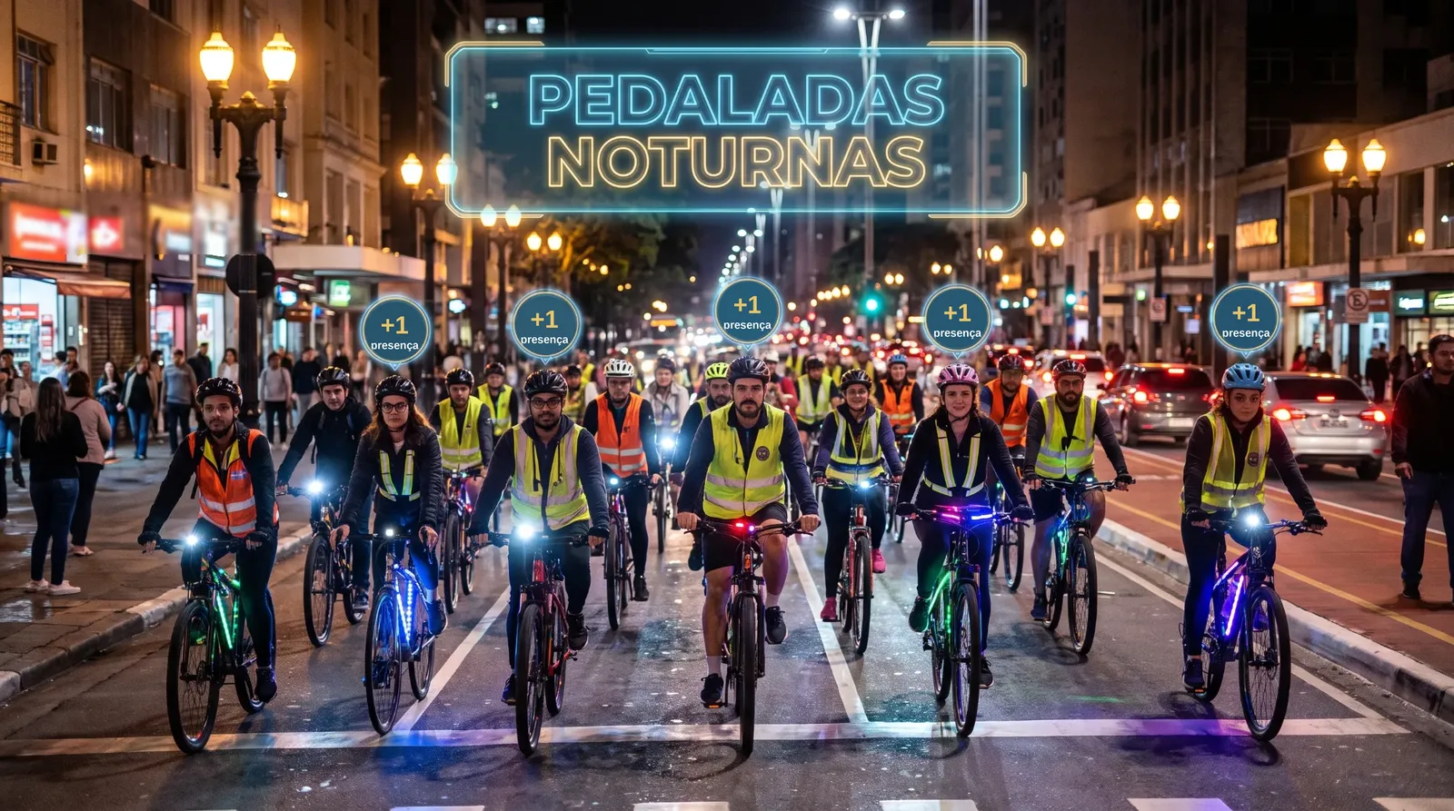 Uma pedalada noturna numa avenida iluminada: cada ciclista ganha um «+1 presença» na jornada.