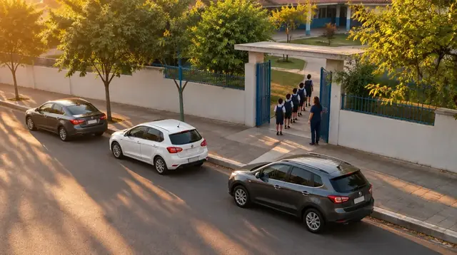 Carros encostando no meio-fio e alunos saindo em fila pelo portão da escola, acompanhados pela professora.