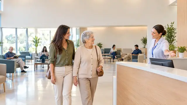 Recepção clara de um hospital: duas pessoas chegam e uma atendente as recebe ao balcão.