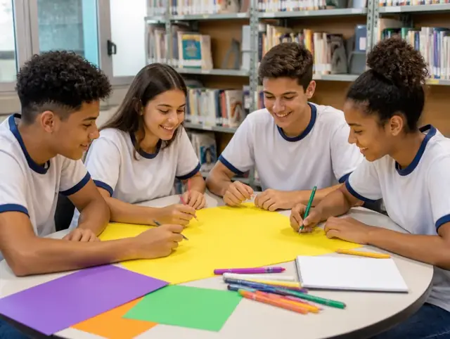 Quatro estudantes fazendo um trabalho juntos, com cartolinas coloridas sobre a mesa
