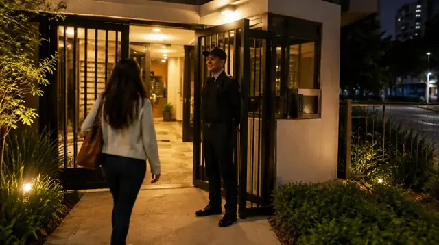 Uma moradora entrando no prédio à noite, com o porteiro ao lado da porta