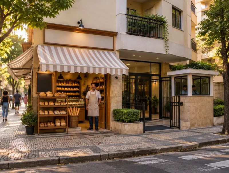 Uma esquina de bairro: uma padaria com o padeiro na porta, ao lado da entrada de um condomínio com portaria