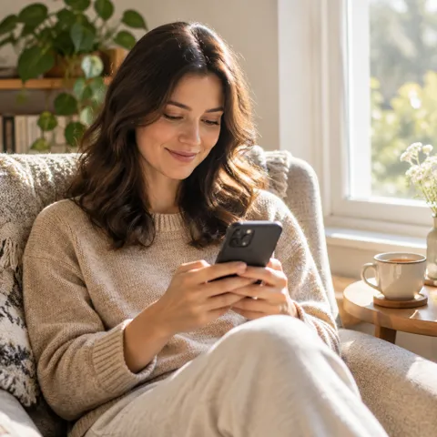 Uma moça usando o celular com calma, configurando o aplicativo