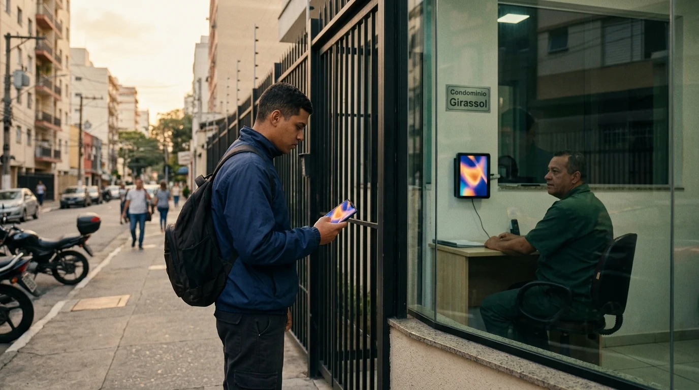 Um entregador mostra o celular no portão de um condomínio; o porteiro confere no próprio tablet, com o mesmo padrão de luz na tela.
