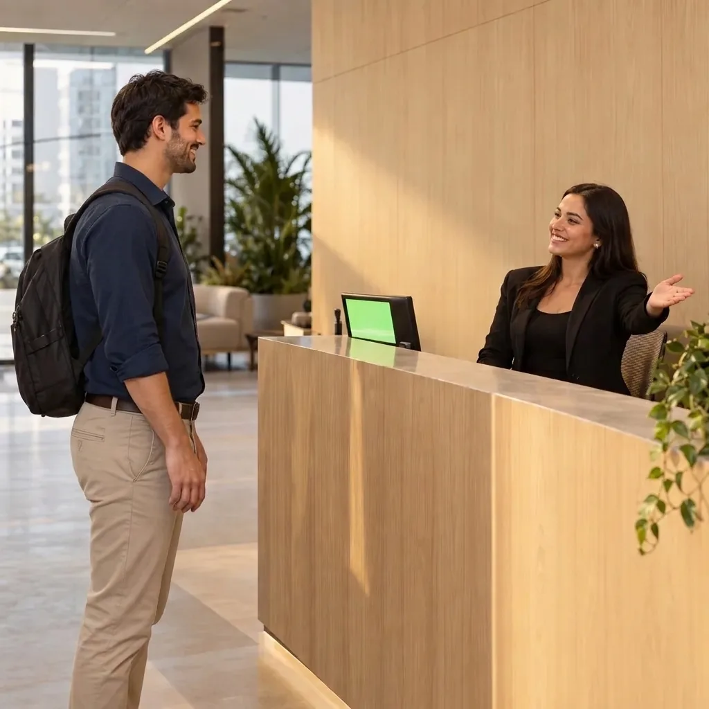 Uma recepcionista recebe um visitante no balcão; ao lado, o painel do lugar.