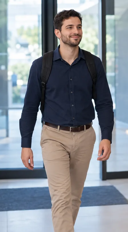 Um homem de mochila entra sorrindo pela porta de vidro de uma recepção, de mãos livres.