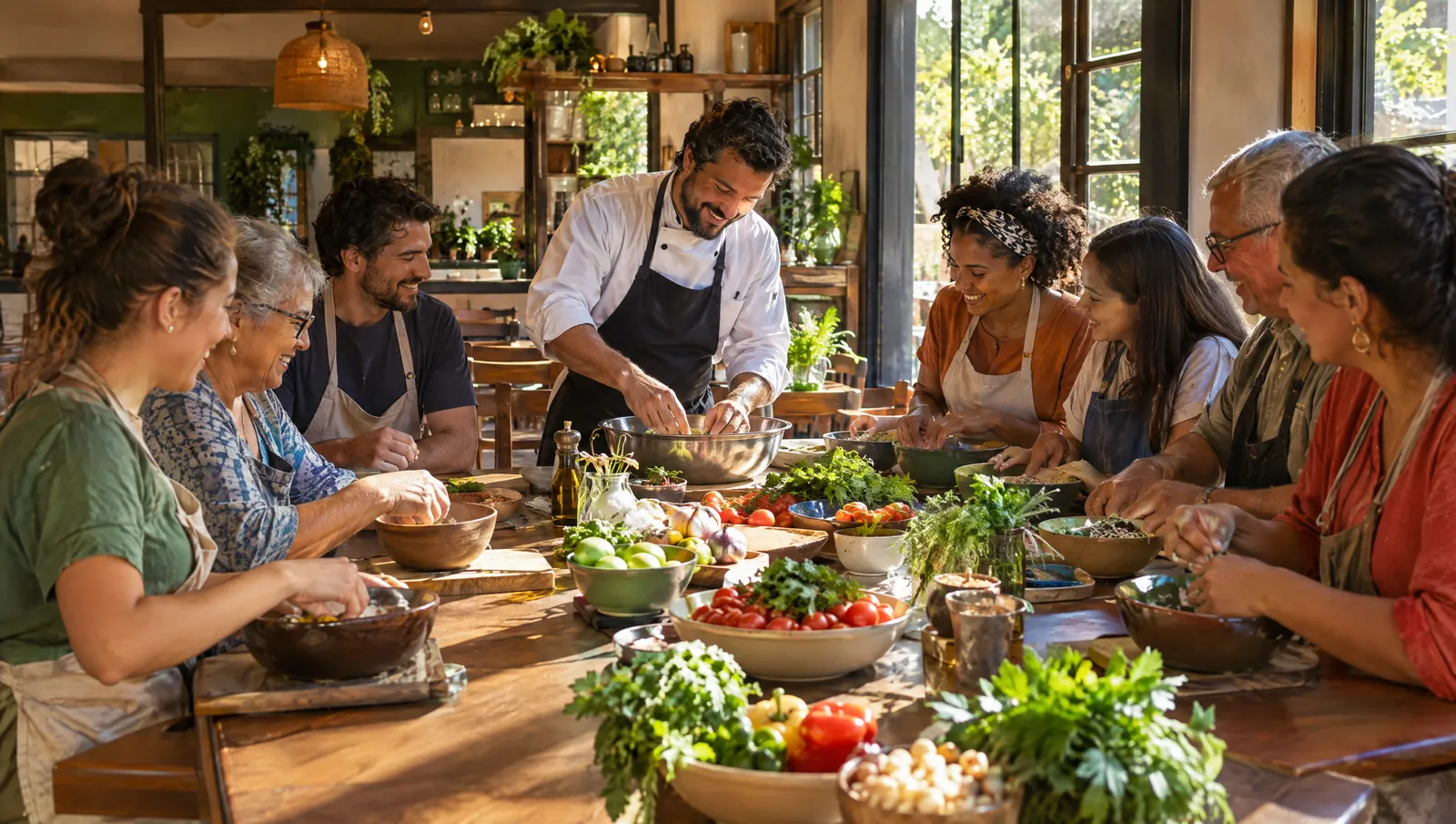 Num restaurante às três da tarde, um chef ensina um grupo de várias idades em volta das mesas