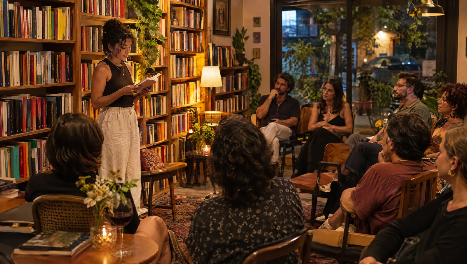 Numa livraria-café à noite, uma moça lê poesia em voz alta para um pequeno público sentado entre as estantes